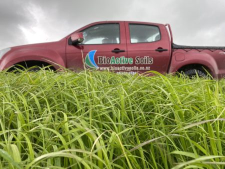 A signwritten BioActive soils truck out on farm pictured in front of dense and healthy grass